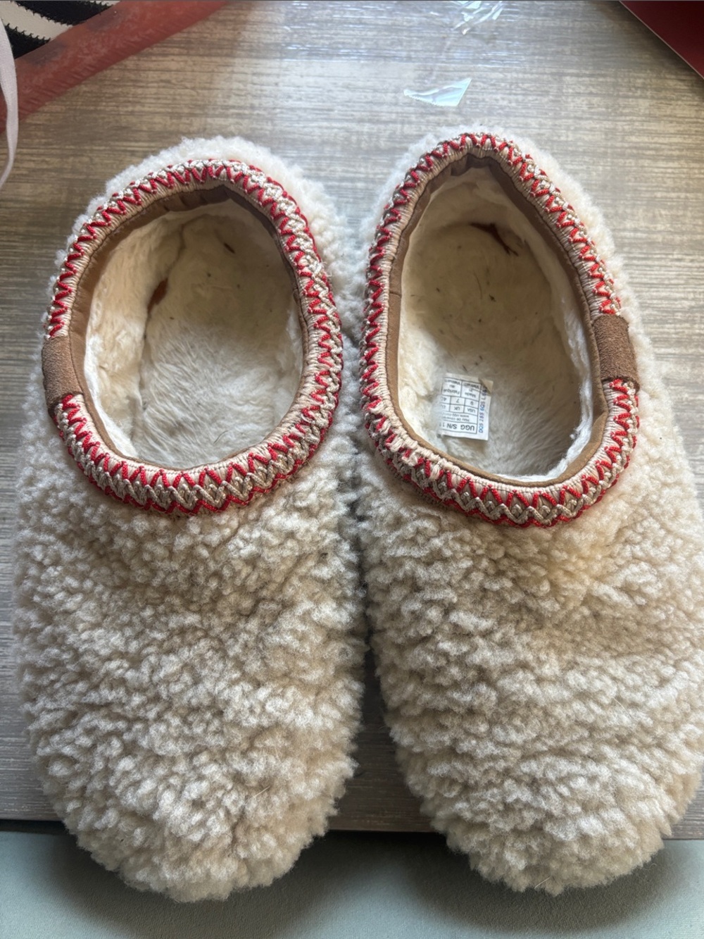 UGG Women's Cream Faux Shearling Slip-On Slippers with Red Trim
